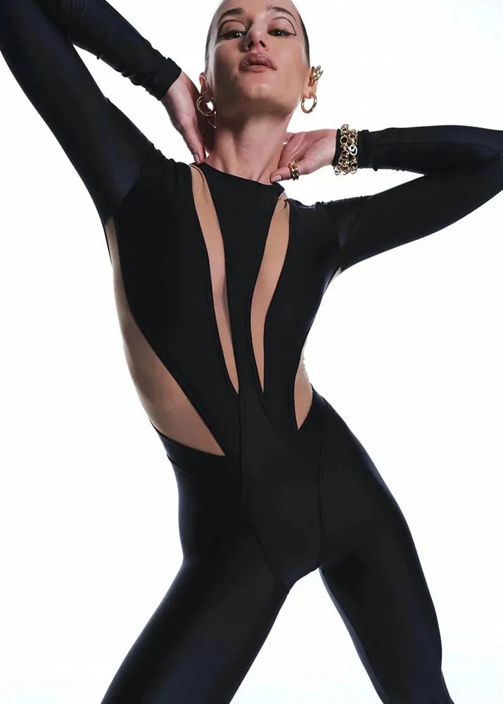 Women's Black Mesh Patchwork Jumpsuit