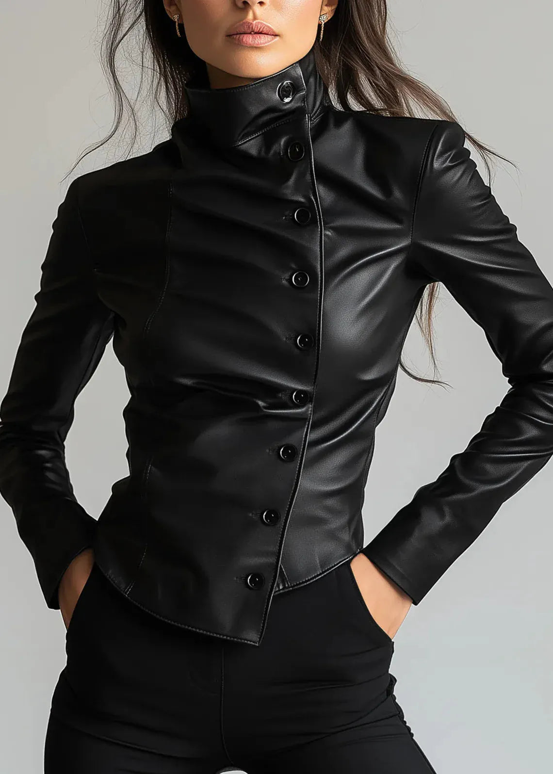 Black leather jacket worn by a person on a gray background