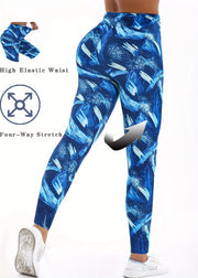 Blue patterned leggings with high elastic waist and four-way stretch feature on a white background.