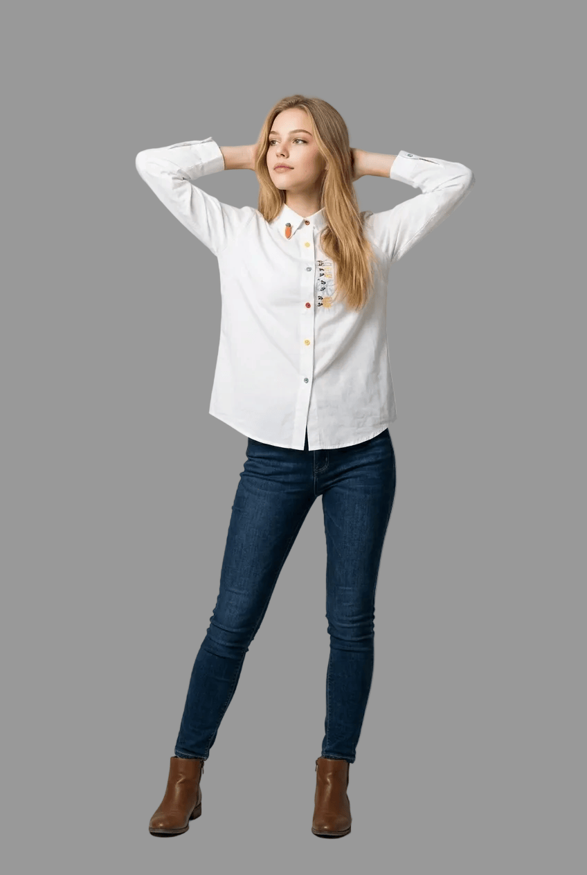 Woman wearing a white shirt with colorful buttons and blue jeans on a gray background, with 'arvin' branding.