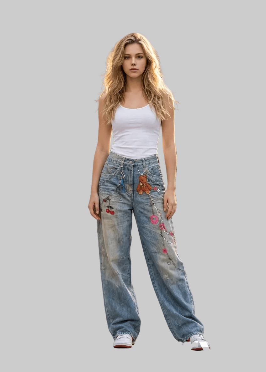 Woman wearing floral embroidered jeans crossing a street with 'arvin' branding.