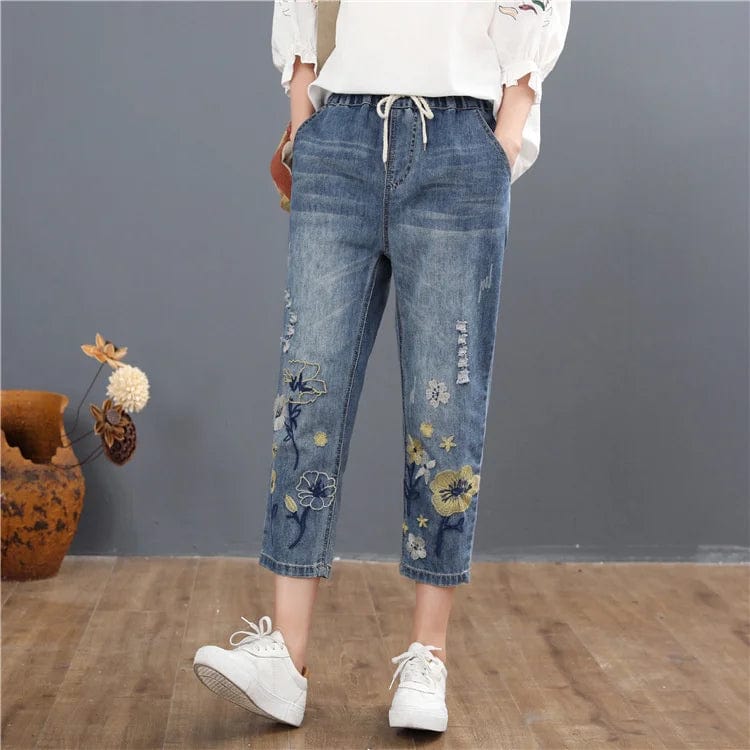 Teonclothingshop Women's casual denim pants with a floral pattern