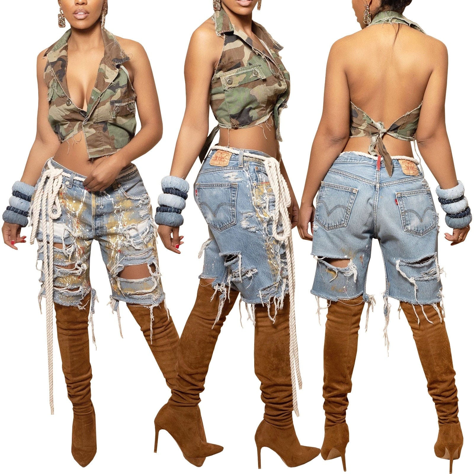 Teonclothingshop Women's Casual Knee-Length Distressed Ripped High Waisted Street Jeans