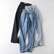 Teonclothingshop Women's Casual Solid Color High Waist Straight Jeans, Blue Denim Pants