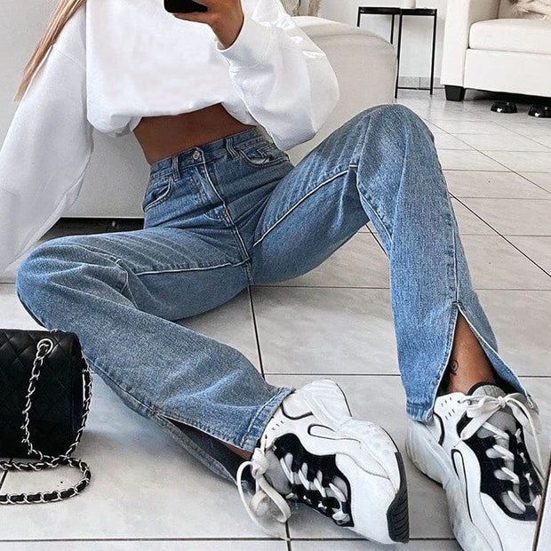 Teonclothingshop Dark Blue / S Women's Casual Solid Color High Waist Straight Jeans, Blue Denim Pants