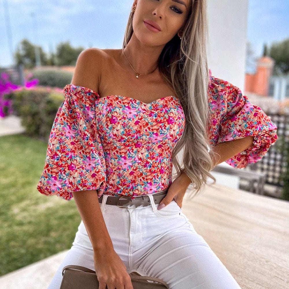 Teonclothingshop Women's casual Summer blouse with floral off-shoulders