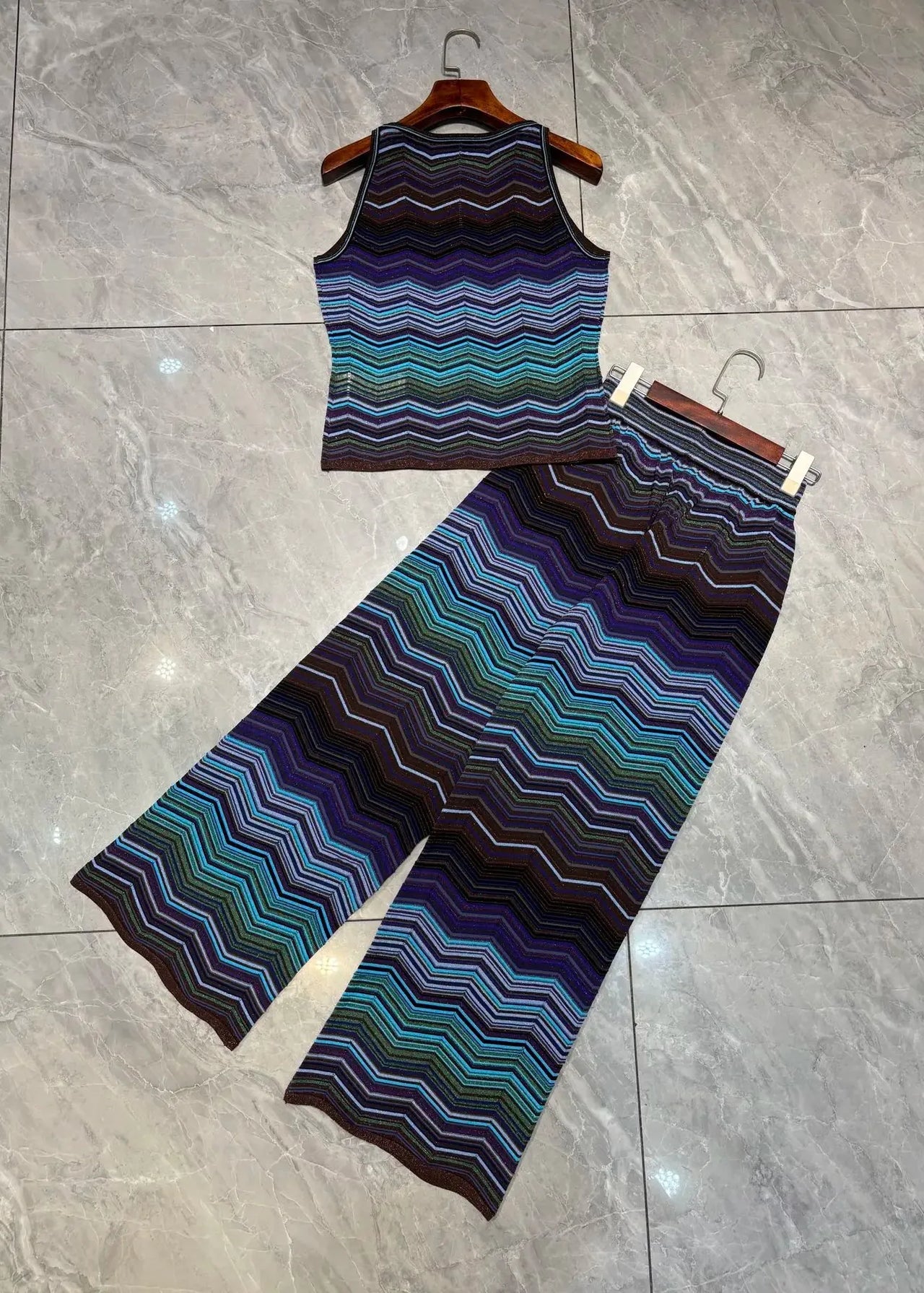 Women's Chevron Stripe 2-Piece Set | Brown-Orange Wide-Leg Suit