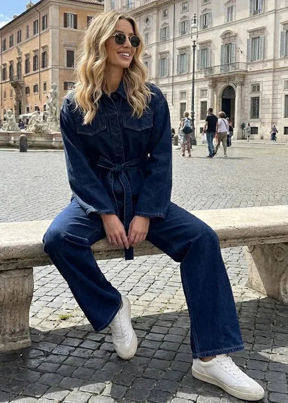 Women's Chic Denim 2-Piece Set | Belted Jacket & Zipper Pants