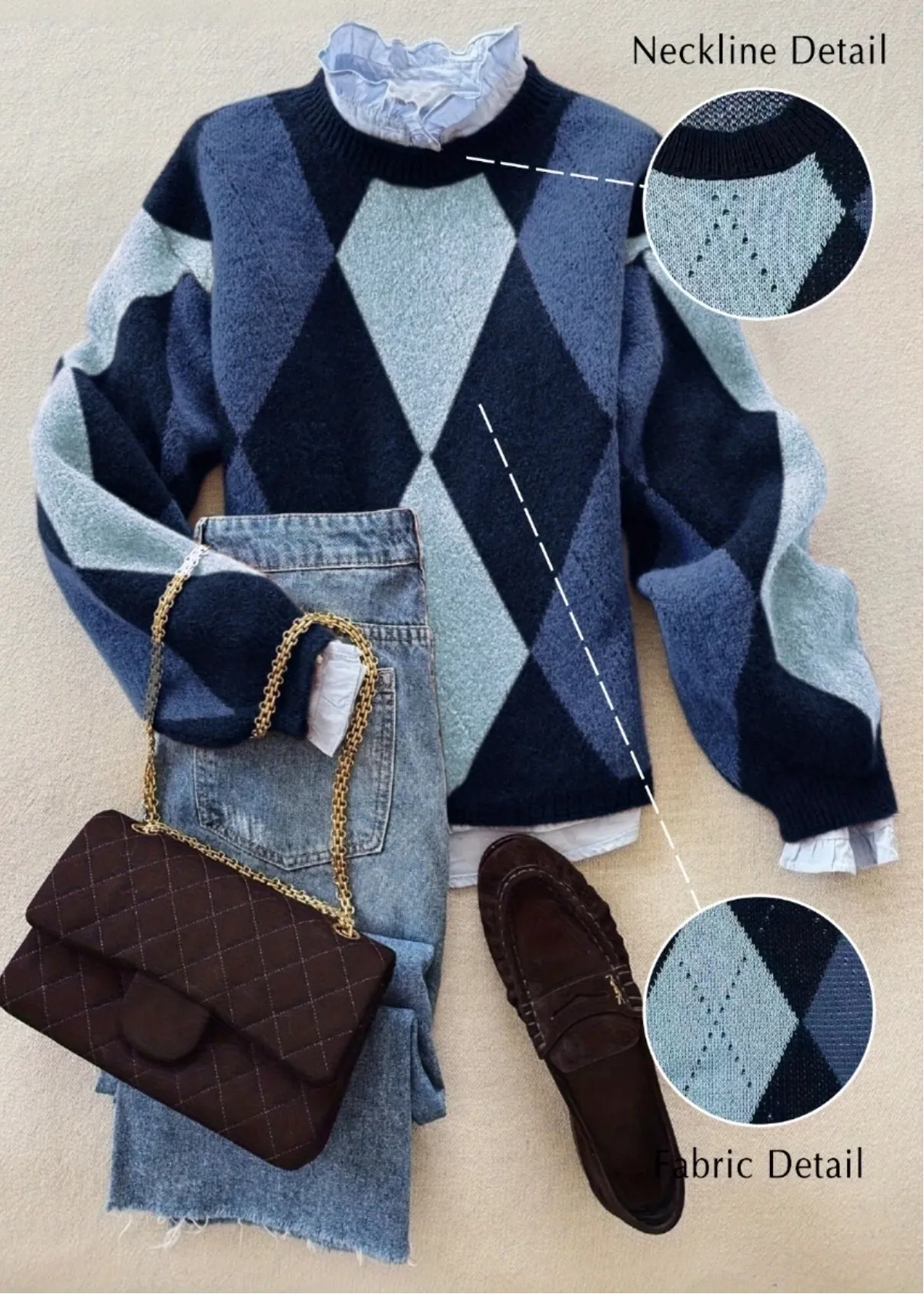 Women's Classic Diamond Plaid Contrast Argyle Knit Sweater