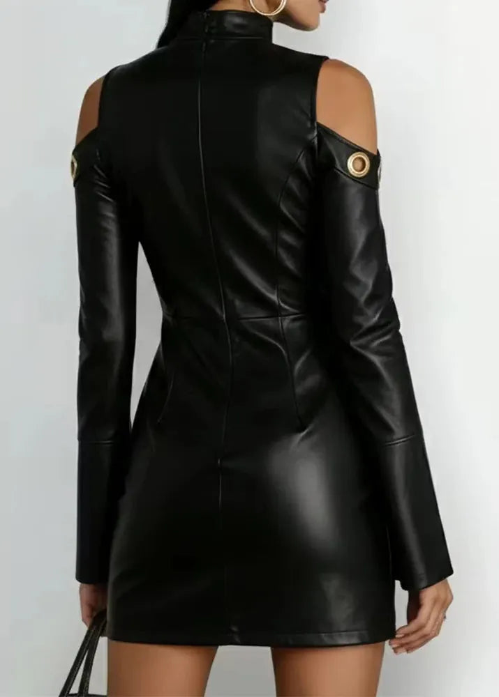 Women's Cold-Shoulder Faux Leather Mini Dress with Gold Eyelets