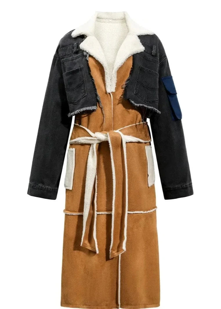 Brown coat with denim jacket and white fur lining on a mannequin against a white background
