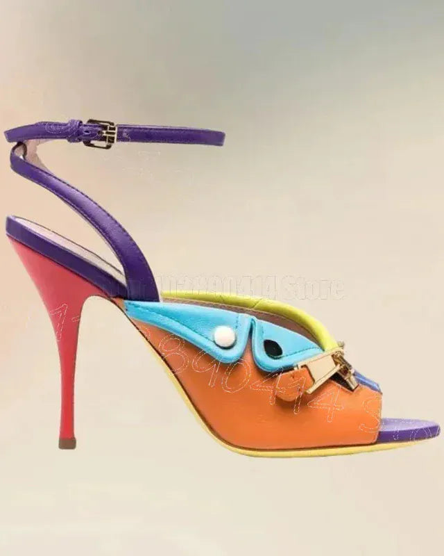 Colorful high-heeled shoe with a unique design on a gradient background