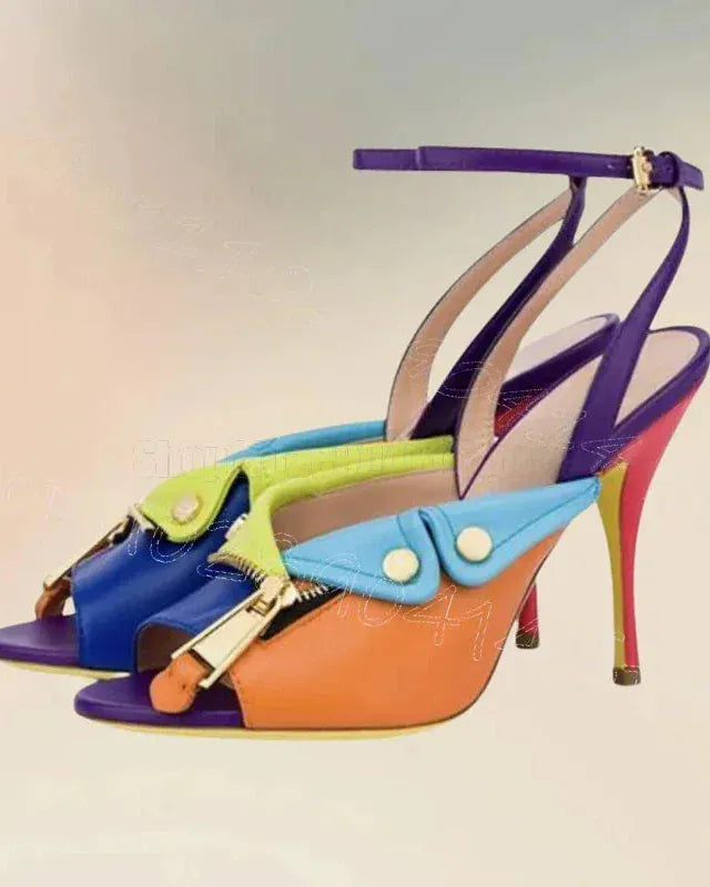 Colorful high-heeled shoes with multicolored straps on a gradient background