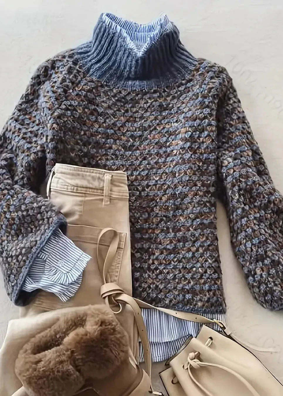 Knitted sweater, beige pants, and accessories on a light background