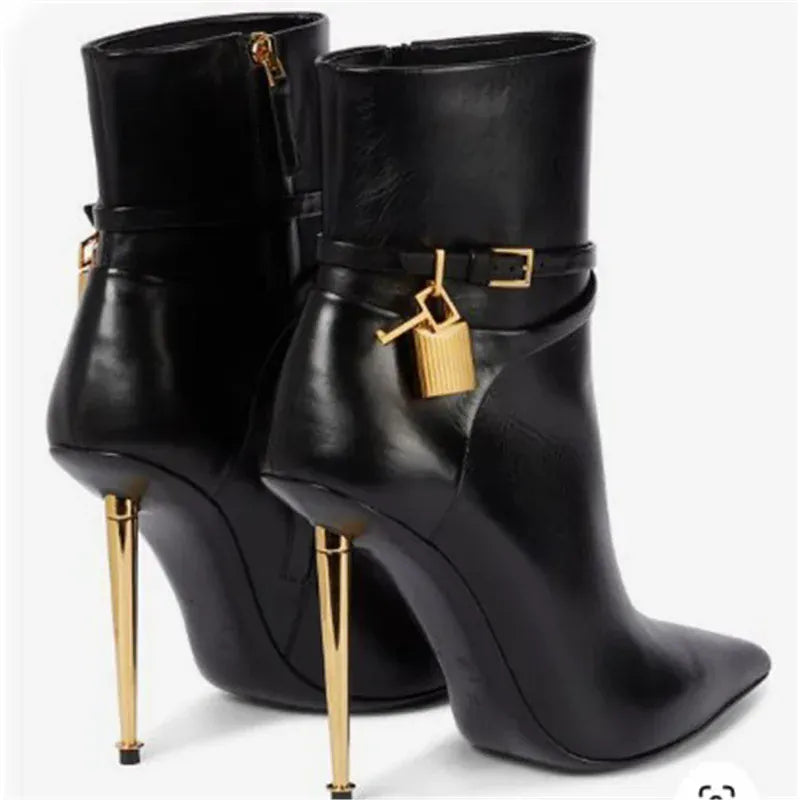 Women's Cowhide Pattern Pointed-Toe Ankle Boots with Gold Lock & Side Zipper