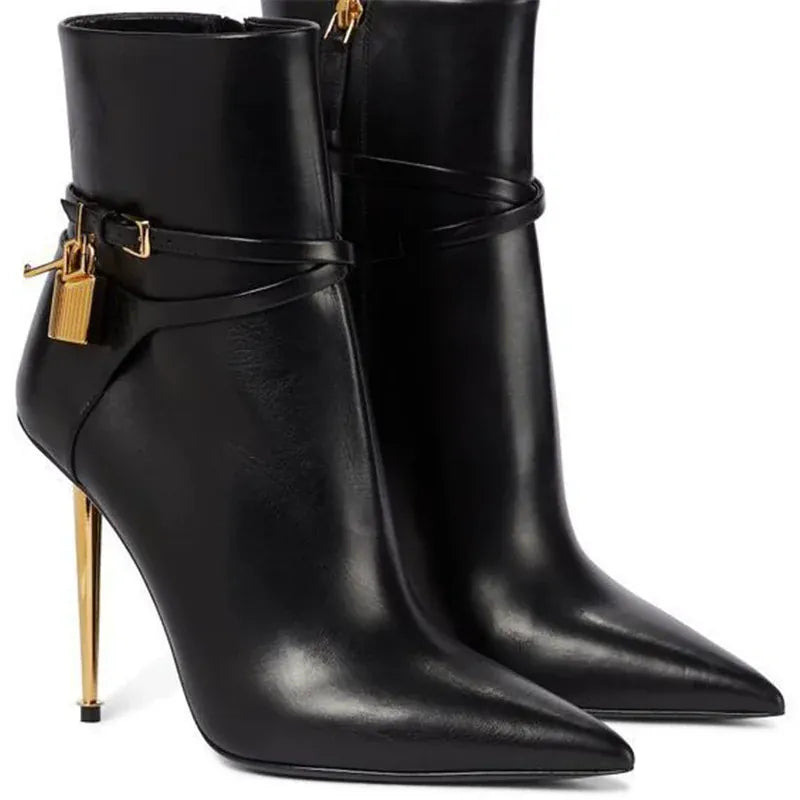 Women's Cowhide Pattern Pointed-Toe Ankle Boots with Gold Lock & Side Zipper