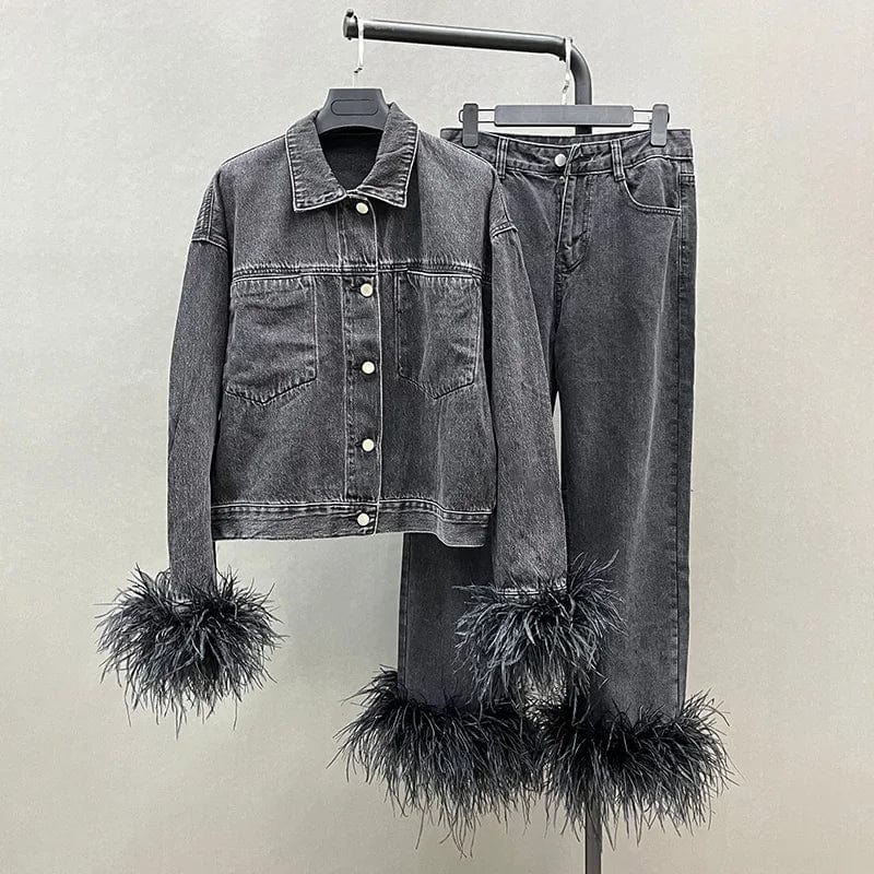 Teonclothingshop Women's denim set with feathers