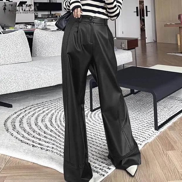 Teonclothingshop C-Black / S Women's elegant wide pants made of stretchy artificial leather