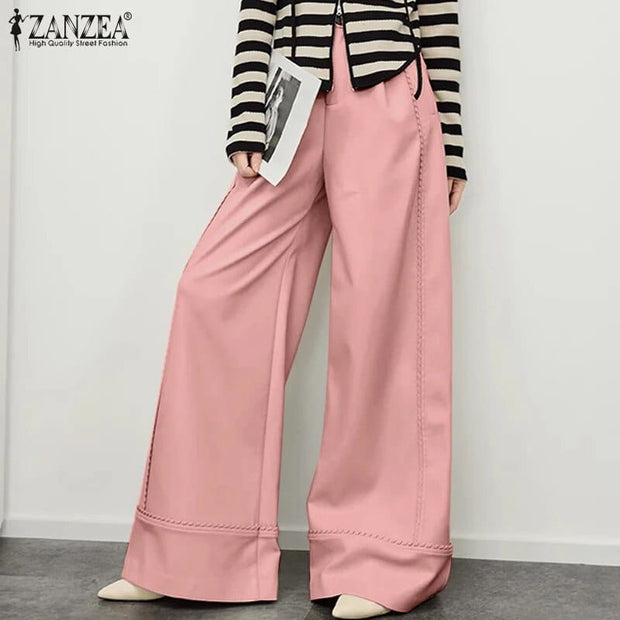 Teonclothingshop C-Pink / S Women's elegant wide pants made of stretchy artificial leather