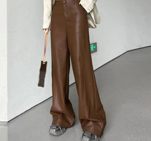 Teonclothingshop Brown / S Women's elegant wide pants made of stretchy artificial leather