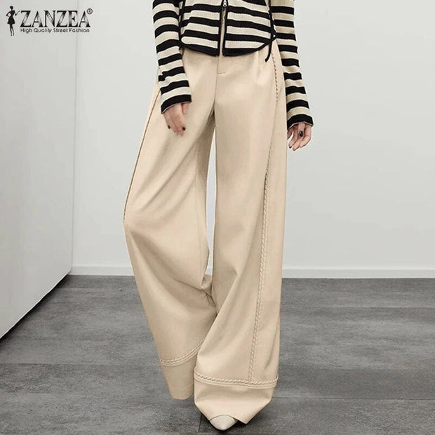 Teonclothingshop C-Beige / S Women's elegant wide pants made of stretchy artificial leather