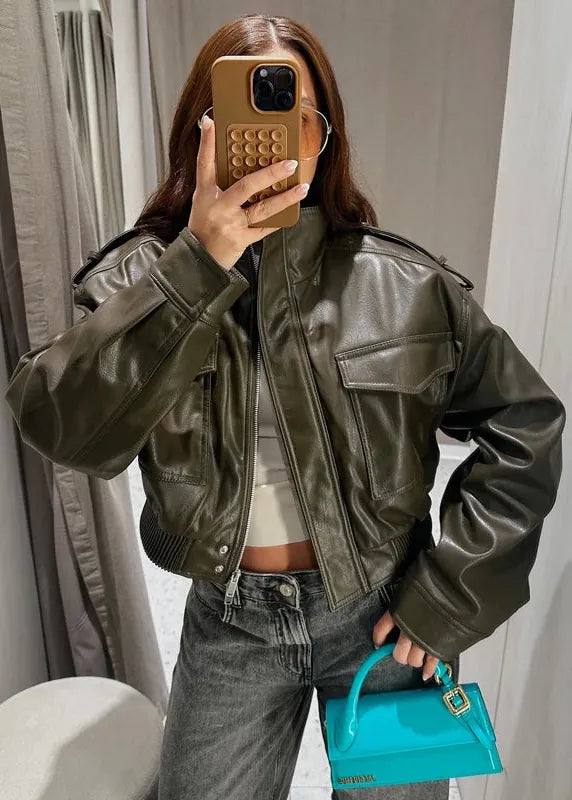 Women's Faux Leather Cropped Bomber Jacket - Demi-Season Fit