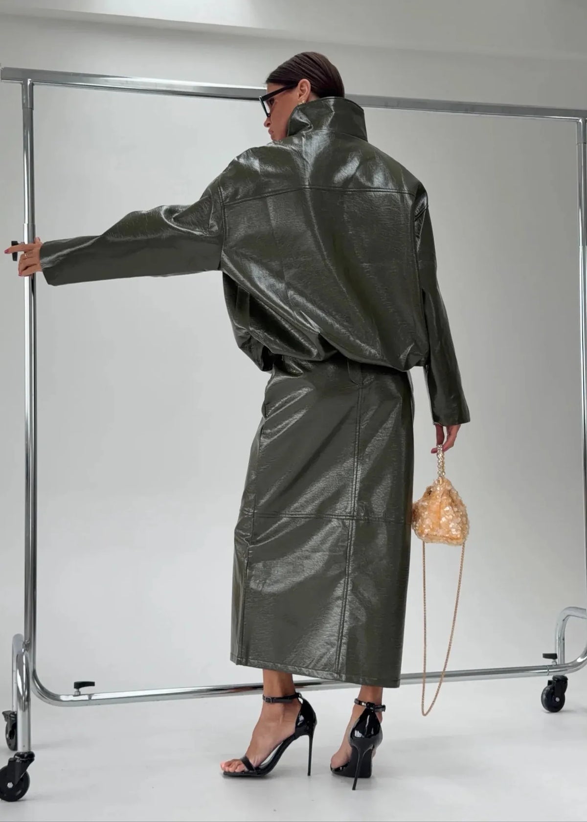 Women's Faux Patent Leather 2-Piece Set: Oversized Jacket & Midi Skirt