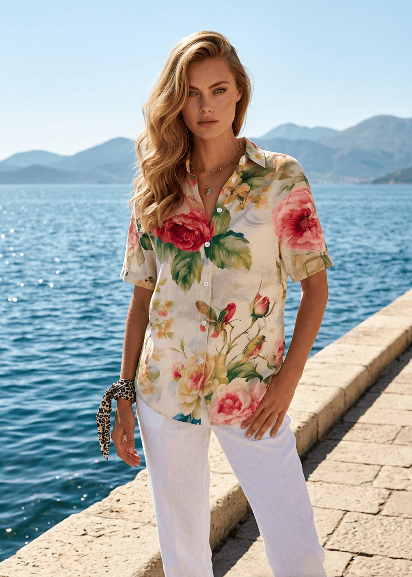 Woman wearing a floral blouse by the water with 'arvin' branding.