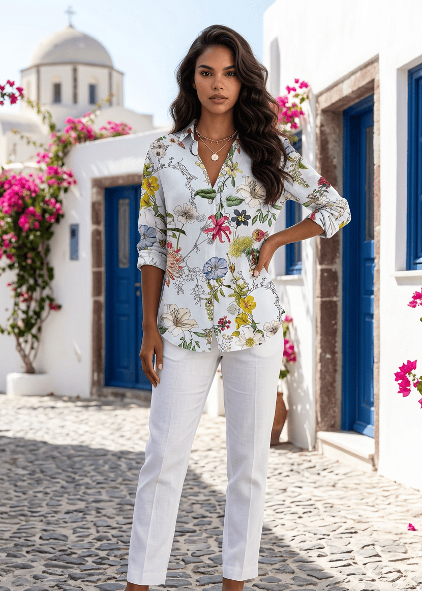 Woman in a floral blouse and white pants standing on a cobbled street with a scenic background.