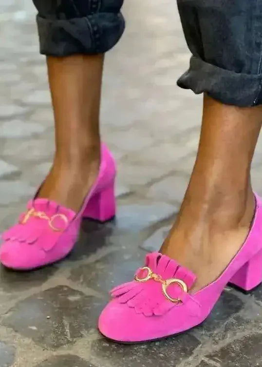 Women's Fringed Pumps with Buckle | Matte Round Toe Chunky Heels