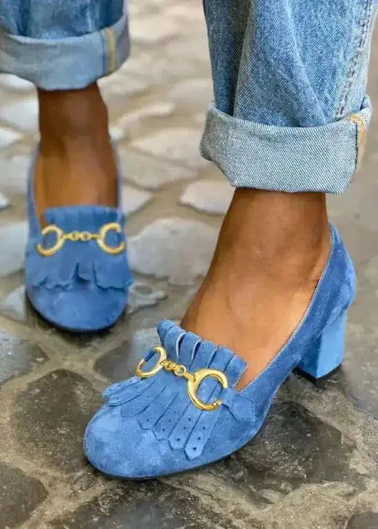 Women's Fringed Pumps with Buckle | Matte Round Toe Chunky Heels