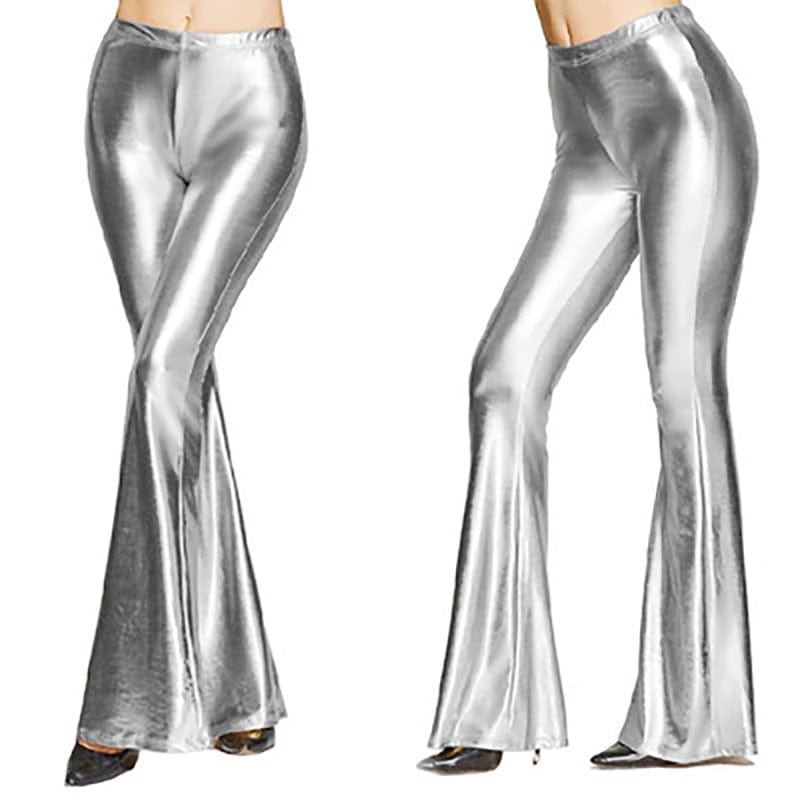 Teonclothingshop Women's Glitter Wide Leg Pants Laser Metallic Wetlook Wide Leg Pants with Ruffles