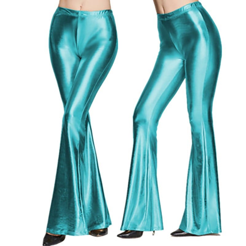 Teonclothingshop Women's Glitter Wide Leg Pants Laser Metallic Wetlook Wide Leg Pants with Ruffles