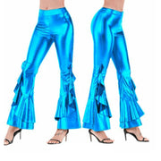 Teonclothingshop Women's Glitter Wide Leg Pants Laser Metallic Wetlook Wide Leg Pants with Ruffles