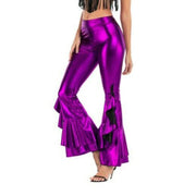 Teonclothingshop Women's Glitter Wide Leg Pants Laser Metallic Wetlook Wide Leg Pants with Ruffles