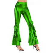 Teonclothingshop Women's Glitter Wide Leg Pants Laser Metallic Wetlook Wide Leg Pants with Ruffles