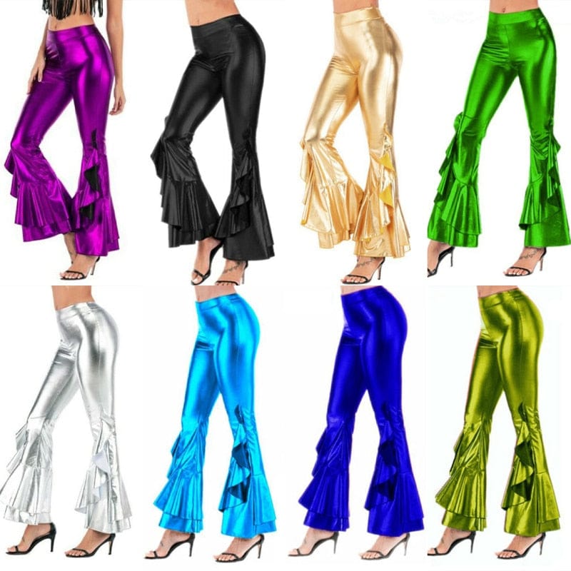 Teonclothingshop Women's Glitter Wide Leg Pants Laser Metallic Wetlook Wide Leg Pants with Ruffles