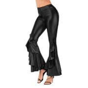 Teonclothingshop Women's Glitter Wide Leg Pants Laser Metallic Wetlook Wide Leg Pants with Ruffles