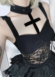 Black lace dress with straps and a choker on a white background
