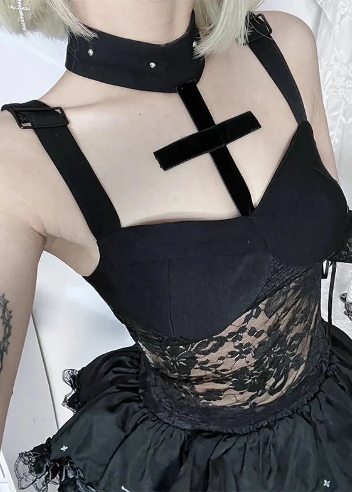 Black lace dress with straps and a choker on a white background