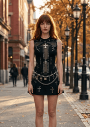 A model stands on a city sidewalk wearing a black sleeveless mini dress with gothic embellishments, including silver chains, crosses, and a central metallic panel, paired with black combat boots. The background shows a blurred urban street scene with autumn trees and lampposts.