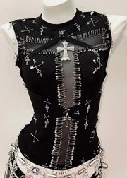 Black corset with silver embellishments on a mannequin against a light background