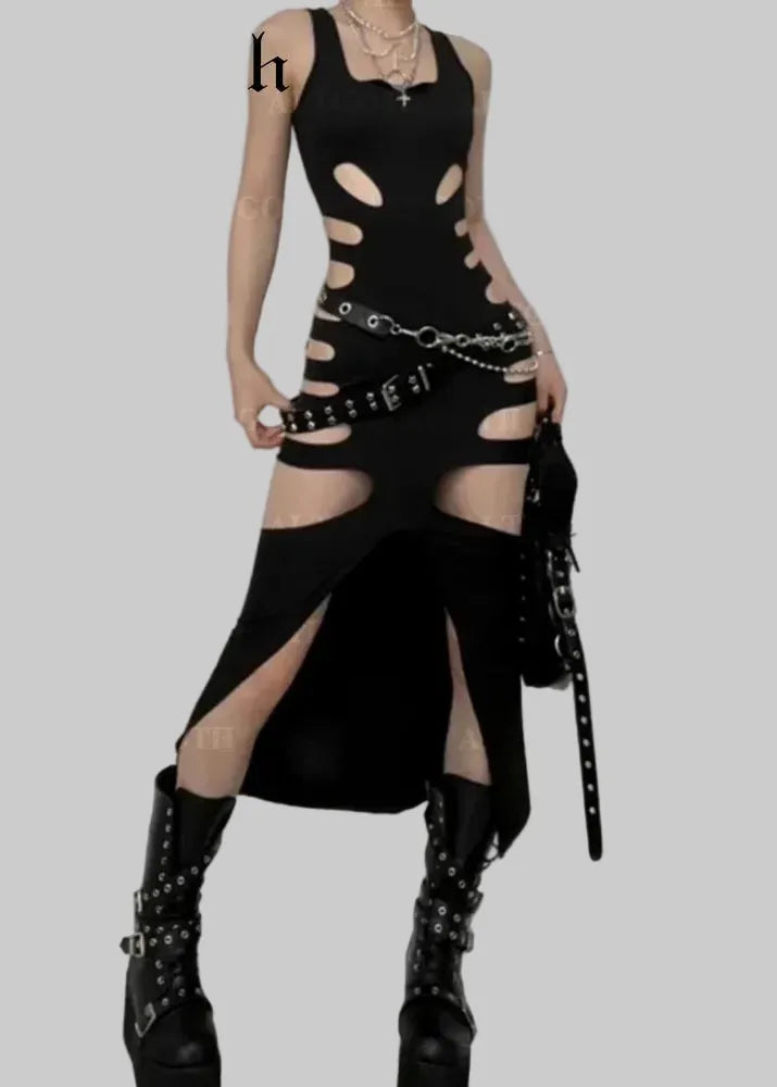 Black gothic dress with cut-out design and chain details, paired with black boots on a white background.