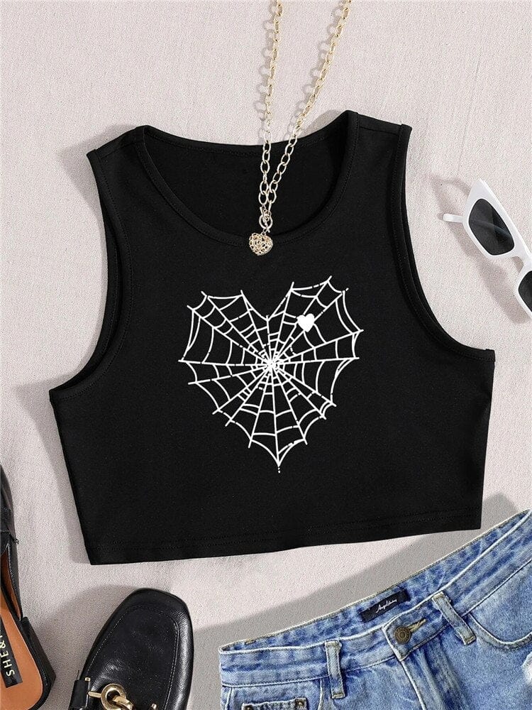 Teonclothingshop Women's gothic t-shirt with cobweb print in the shape of a heart