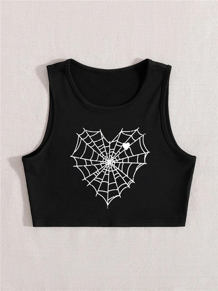 Teonclothingshop Women's gothic t-shirt with cobweb print in the shape of a heart