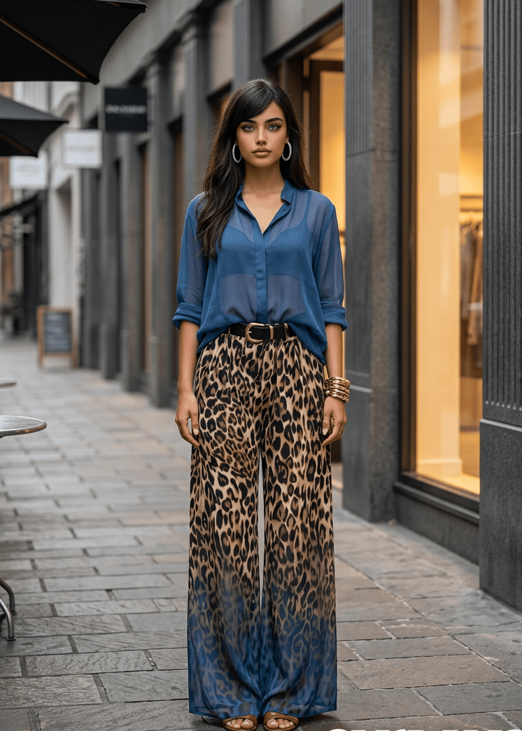 Woman in a blue shirt and leopard print pants standing on a city street with 'arvin' branding.