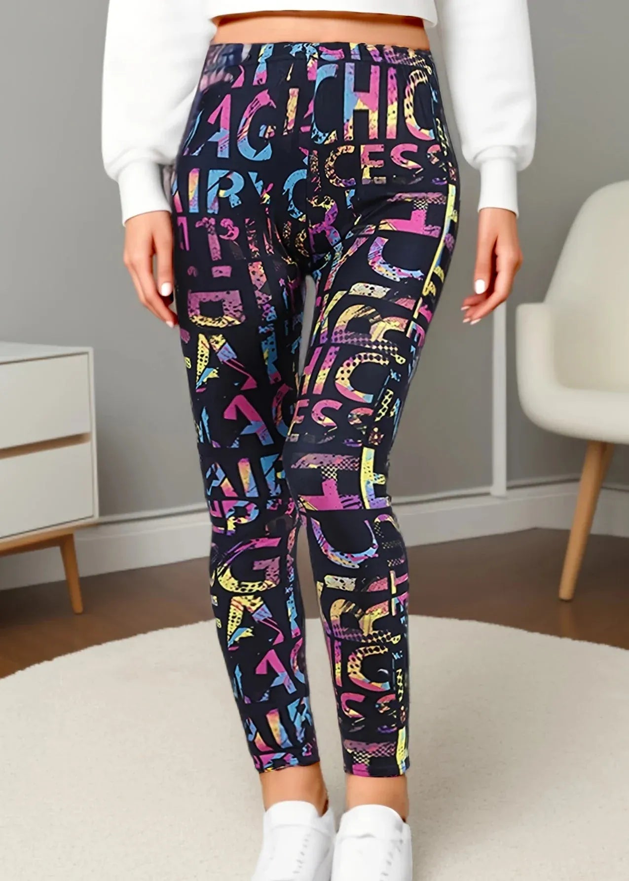 Person wearing colorful patterned leggings in a room setting