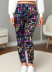 Person wearing colorful patterned leggings in a room setting