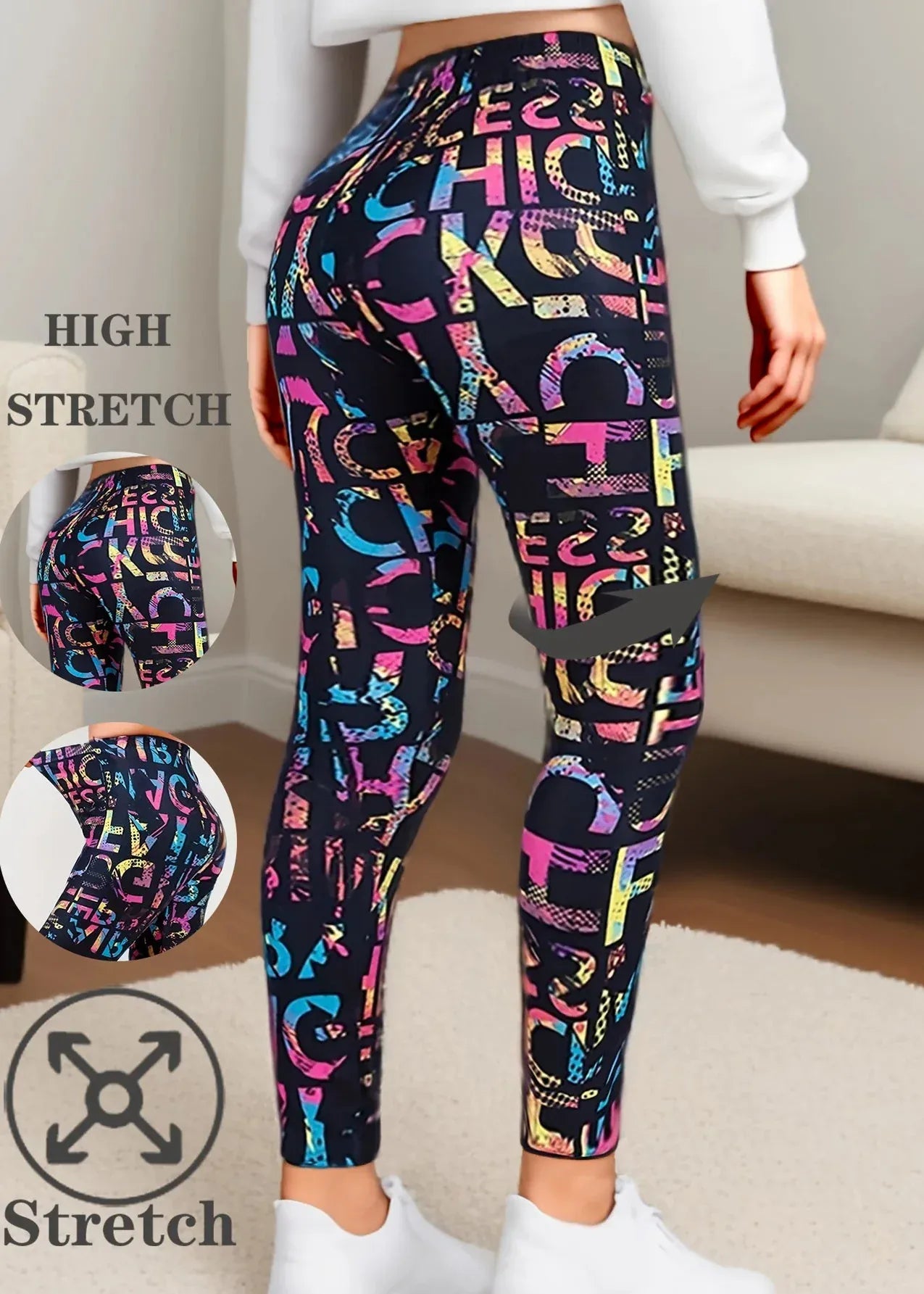 Colorful patterned leggings with text worn by a person indoors.