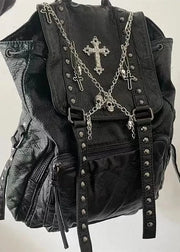 Black backpack with chains and crosses on a white background